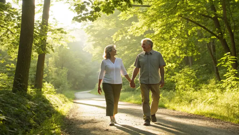 An older couple enjoying a walk, a key benefit of alpha lipoic acid for healthy aging.