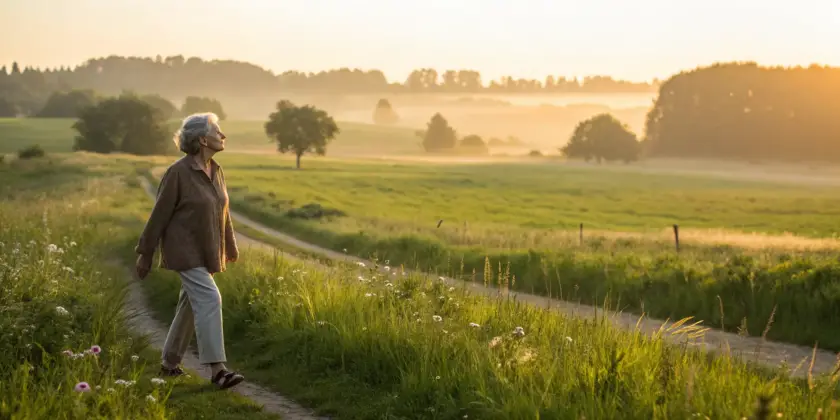 An older woman on a scenic walk, supporting her health with alpha lipoic acid 600 mg.