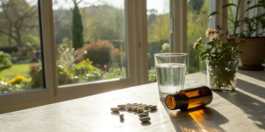 A bottle of alpha lipoic acid 600mg capsules next to a glass of water.
