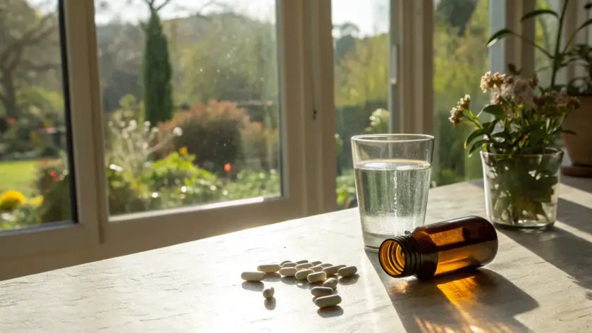 A bottle of alpha lipoic acid 600mg capsules next to a glass of water.
