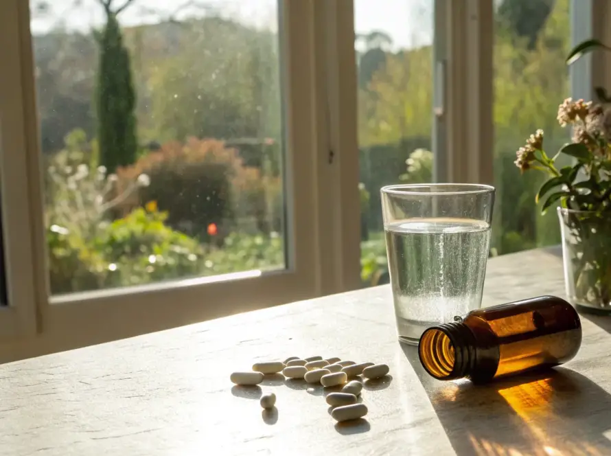 A bottle of alpha lipoic acid 600mg capsules next to a glass of water.