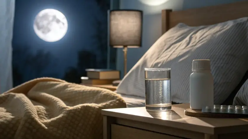 Alpha-lipoic acid bottle and capsule on a bedside table for taking before bed.