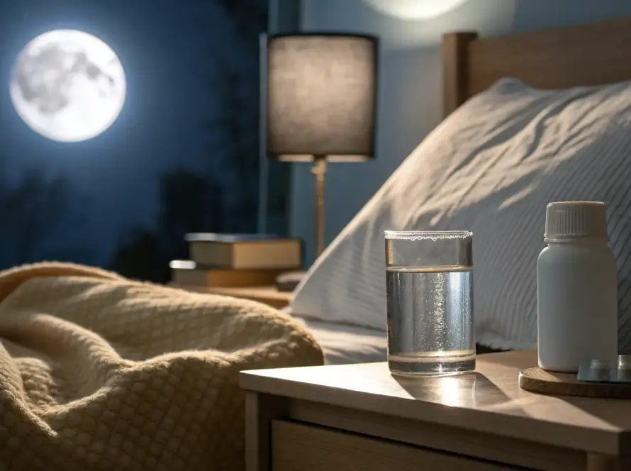 Alpha-lipoic acid bottle and capsule on a bedside table for taking before bed.