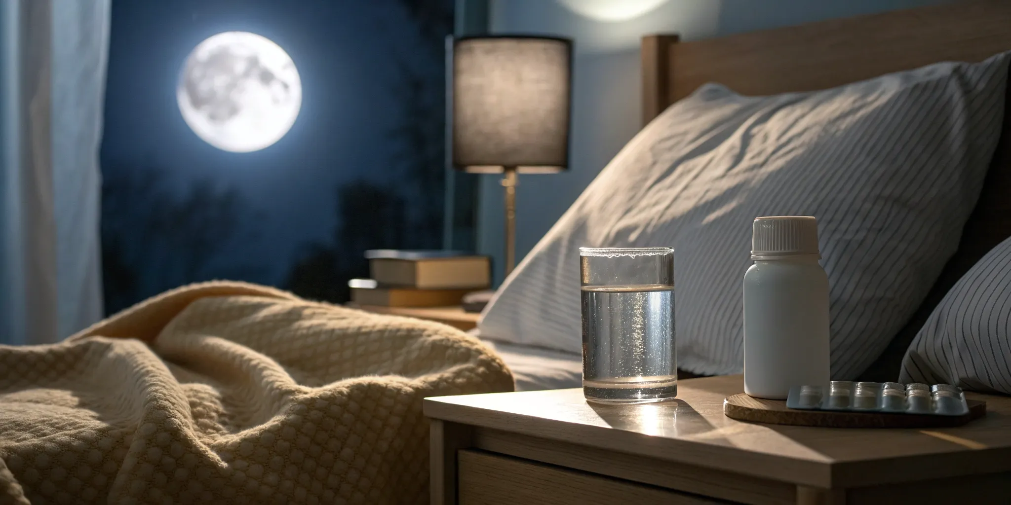 Alpha-lipoic acid bottle and capsule on a bedside table for taking before bed.