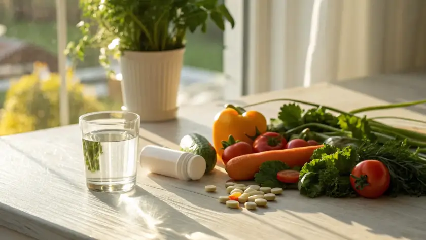 Alpha lipoic acid pills to buy for nerve support, shown with fresh vegetables and water.