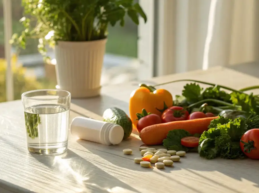Alpha lipoic acid pills to buy for nerve support, shown with fresh vegetables and water.