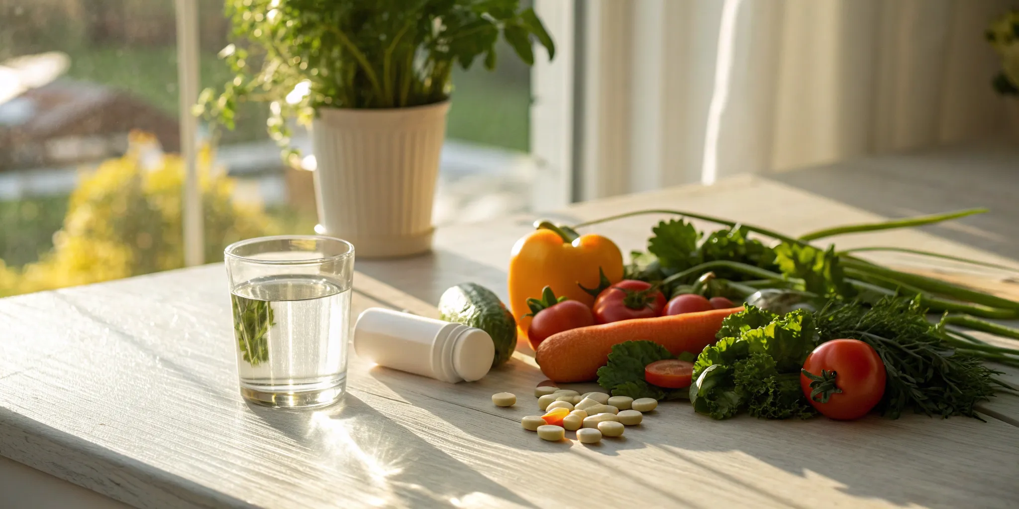 Alpha lipoic acid pills to buy for nerve support, shown with fresh vegetables and water.