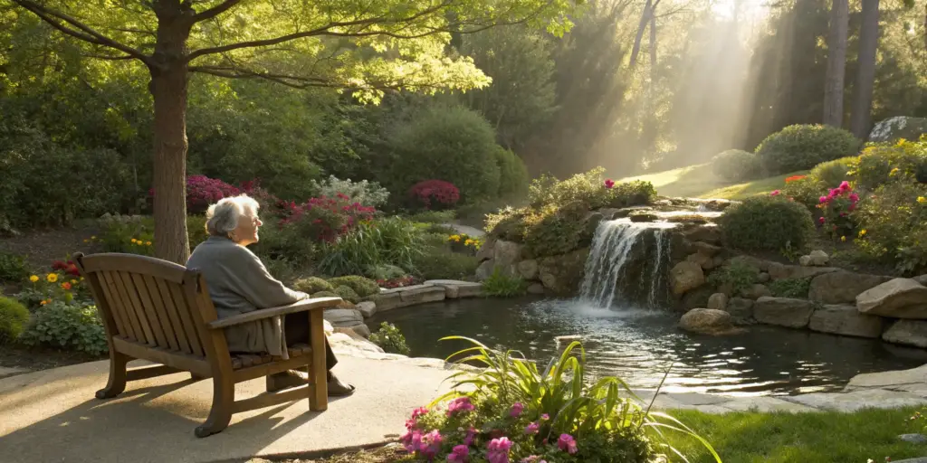 Woman finding natural alternatives for neuropathy discomfort in a peaceful garden.