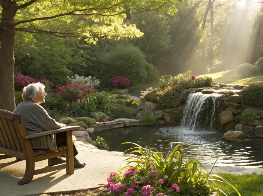 Woman finding natural alternatives for neuropathy discomfort in a peaceful garden.