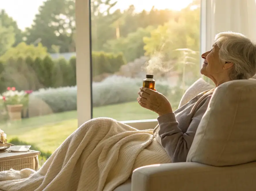 A woman holding a bottle of one of the best ALA supplements for neuropathy.