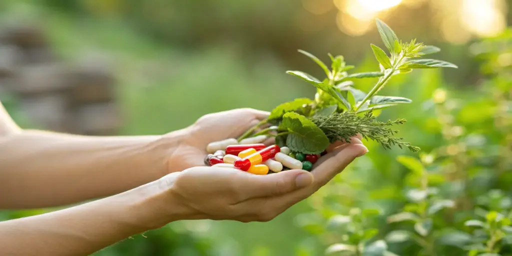 Hands holding capsules and herbs, some of the best vitamins for nerve damage and repair.