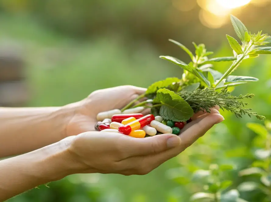 Hands holding capsules and herbs, some of the best vitamins for nerve damage and repair.