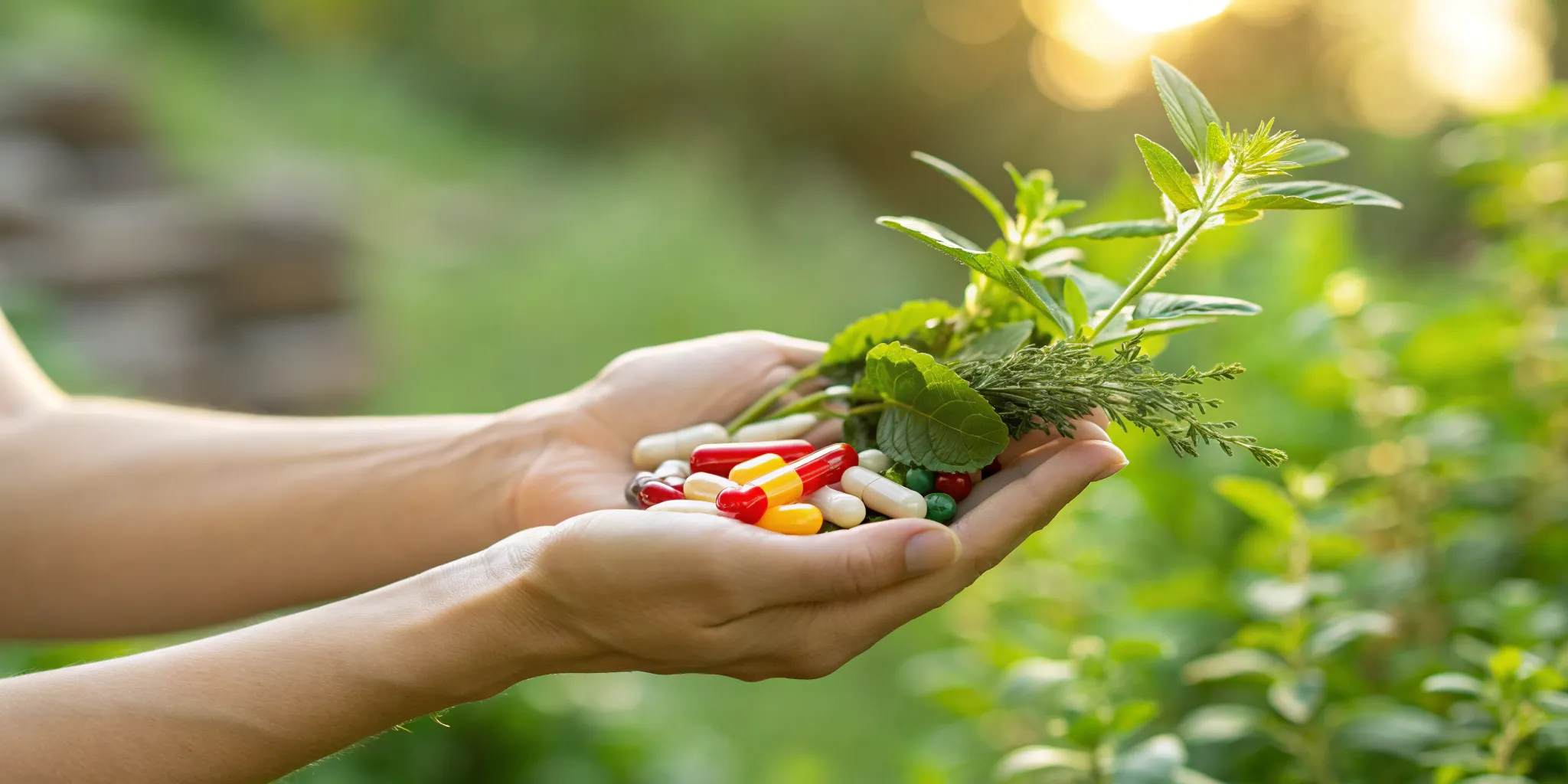 Hands holding capsules and herbs, some of the best vitamins for nerve damage and repair.