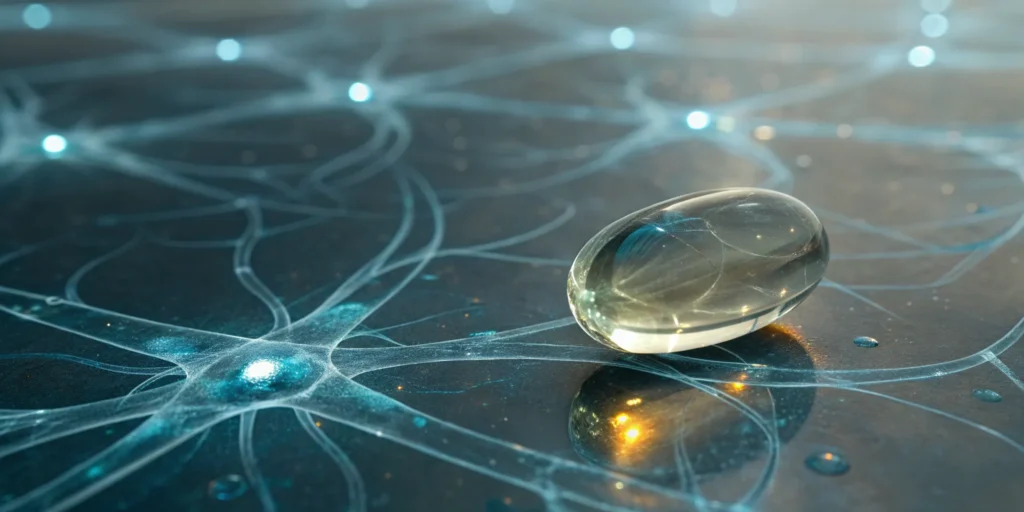 A supplement capsule for nerve repair and pain on a neural network background.