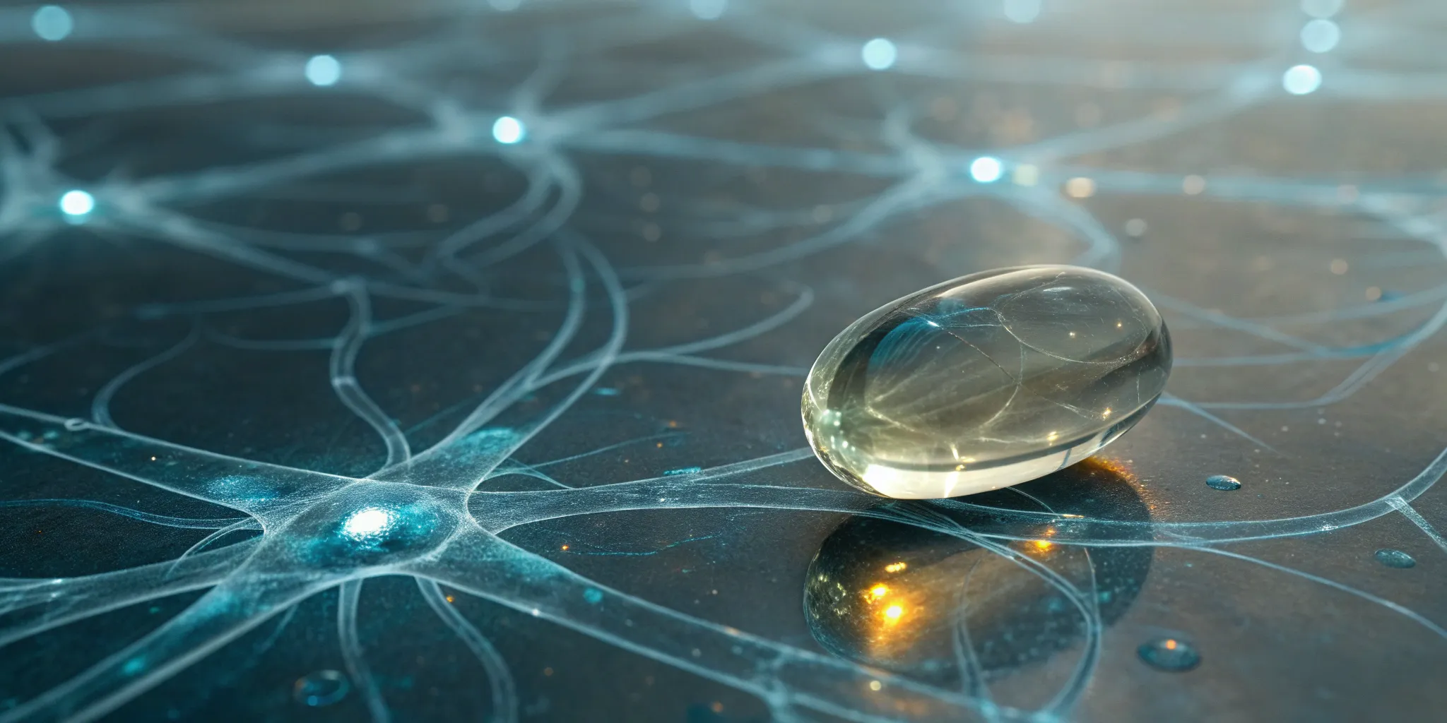 A supplement capsule for nerve repair and pain on a neural network background.