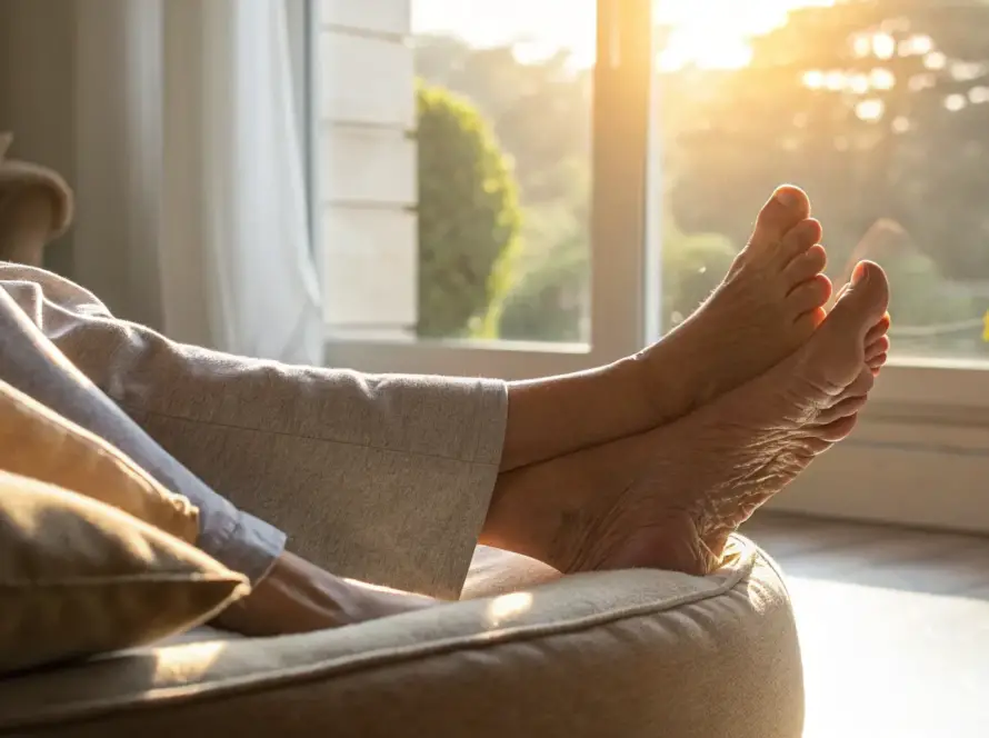 Feet resting, a common site for neuropathy symptoms related to B12 deficiency.