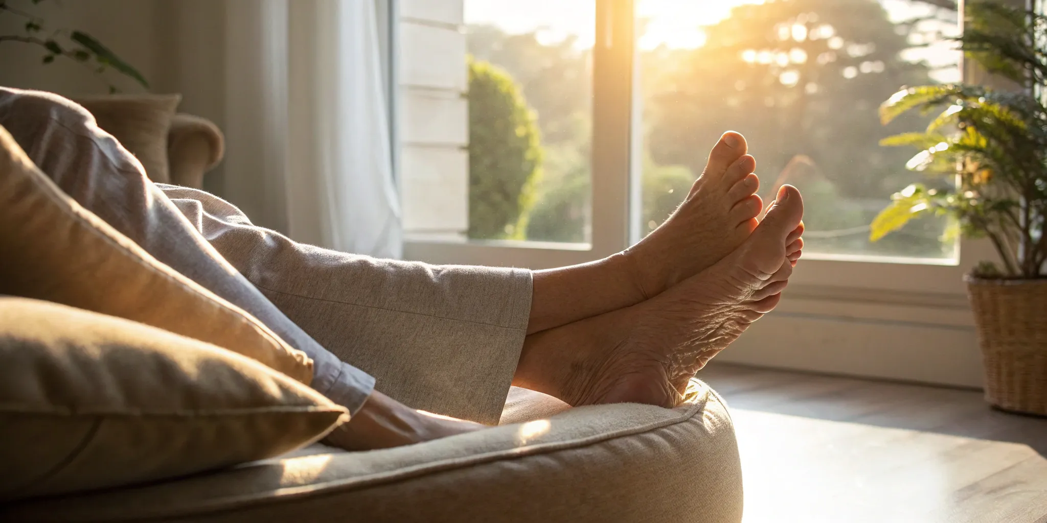 Feet resting, a common site for neuropathy symptoms related to B12 deficiency.
