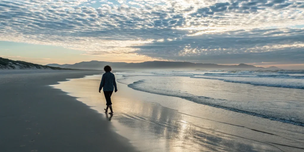A person finding relief for burning feet by walking barefoot on a cool beach.