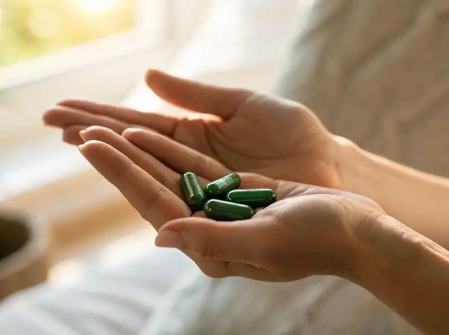 A daily dose of alpha-lipoic acid supplement capsules held in a person's hand.