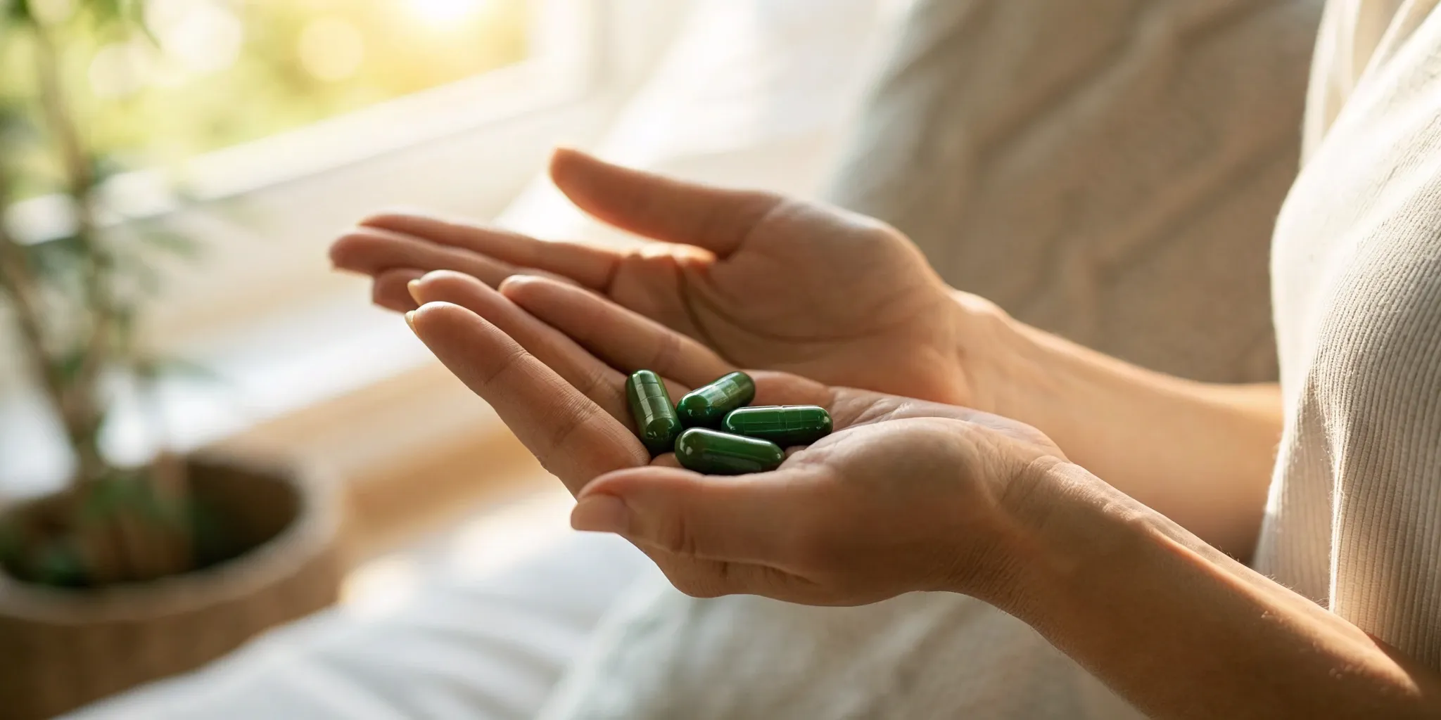 A daily dose of alpha-lipoic acid supplement capsules held in a person's hand.