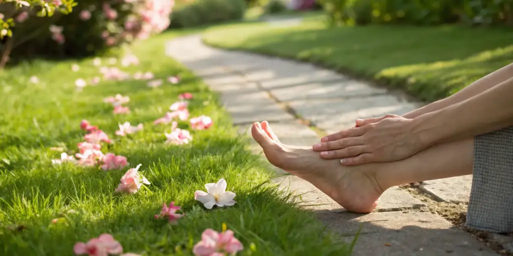 A person massaging their foot to stop tingling in feet and hands.