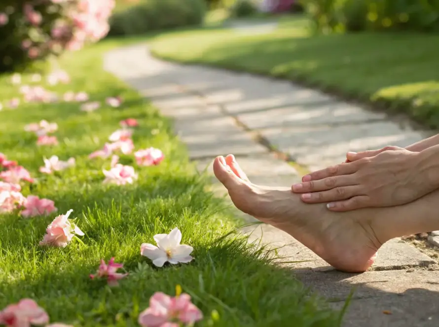 A person massaging their foot to stop tingling in feet and hands.