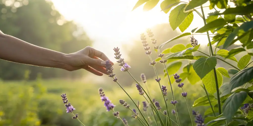 A hand touching lavender, a natural approach to nerve relief with PEA and ALA supplement benefits.