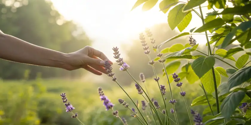 A hand touching lavender, a natural approach to nerve relief with PEA and ALA supplement benefits.