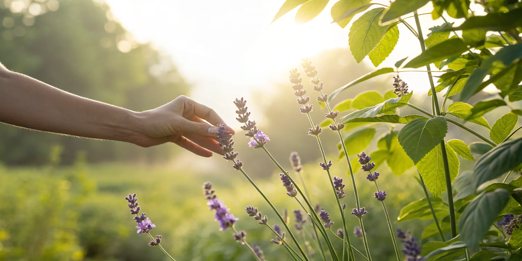 A hand touching lavender, a natural approach to nerve relief with PEA and ALA supplement benefits.