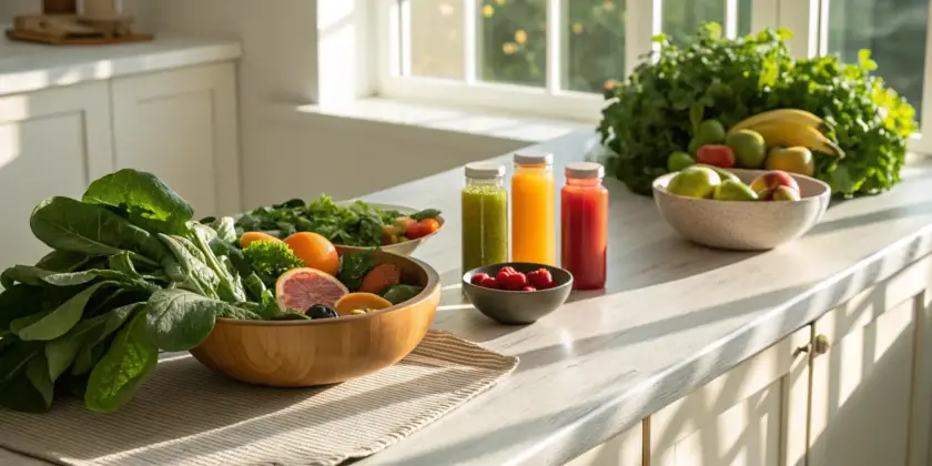 Foods like fruits and leafy greens containing the top 10 best vitamins for nerve health.