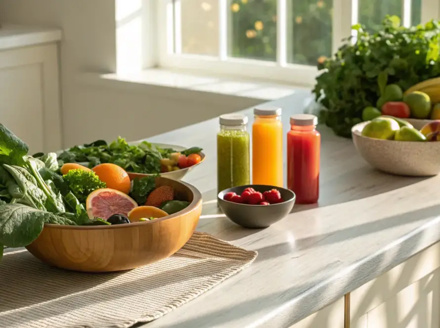 Foods like fruits and leafy greens containing the top 10 best vitamins for nerve health.