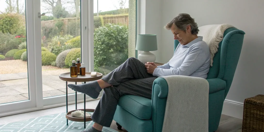 Woman relaxing at home while treating nerve pain in her foot.