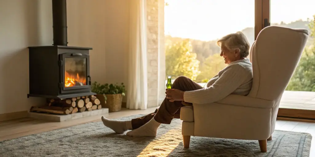 A person relaxing by a fireplace, a good home remedy for neuropathy of the feet.