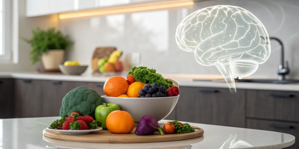 A brain graphic over vitamin B rich foods, a reminder of potential vitamin B complex side effects.