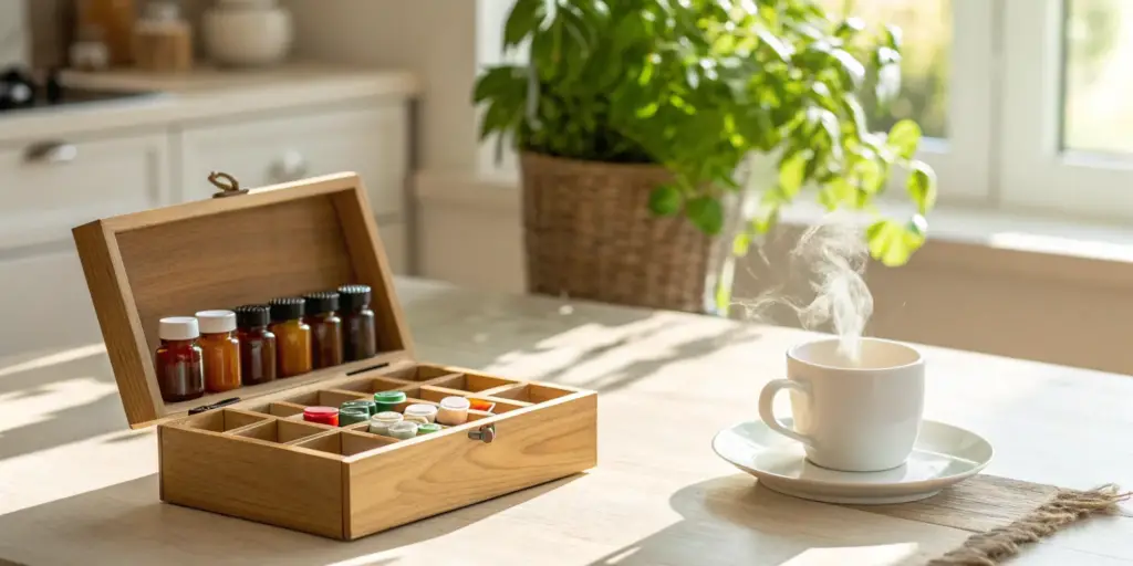 Vitamins and herbs in a wooden box offering natural support for neuropathy.