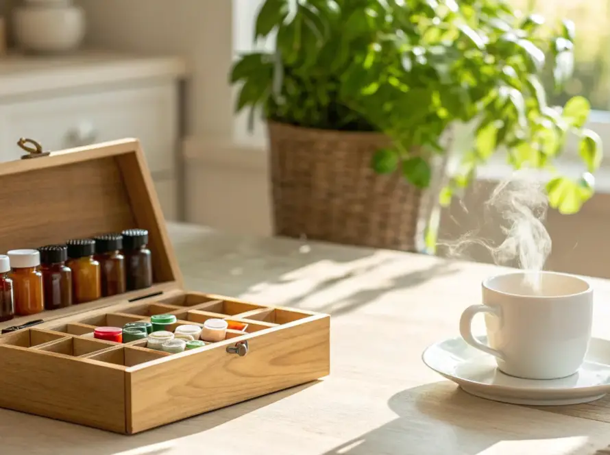 Vitamins and herbs in a wooden box offering natural support for neuropathy.