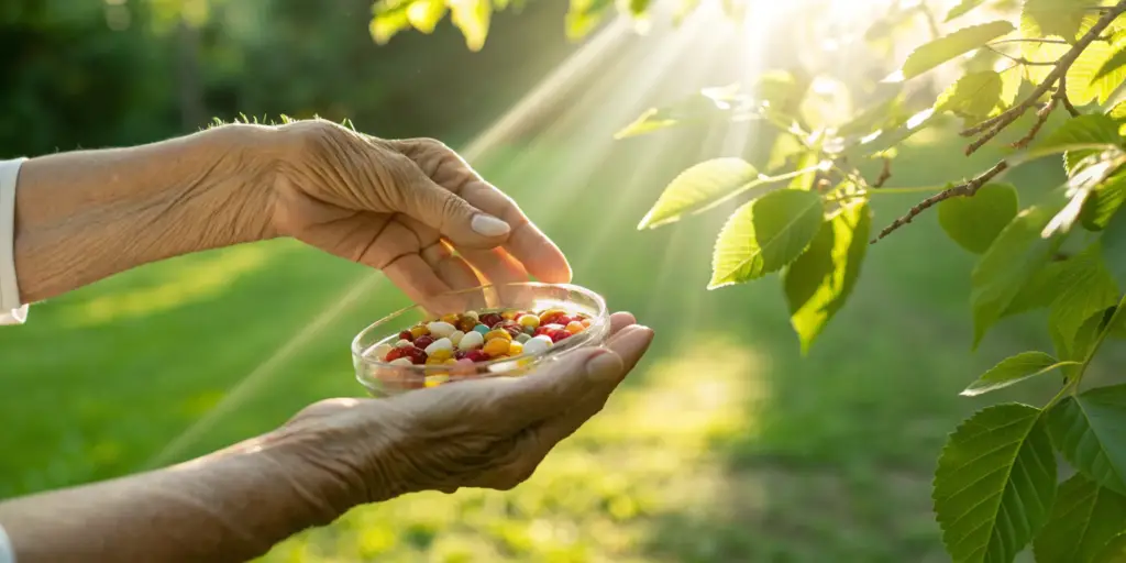 A person holding a bowl of the best vitamin supplements for neuropathy and nerve pain.