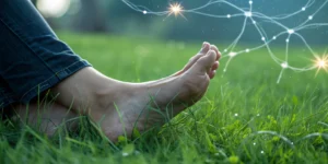 A glowing neural network over feet, showing what vitamins are good for neuropathy in the feet.
