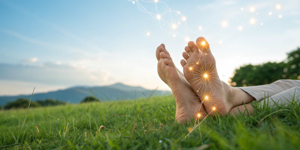 A person's bare feet on grass, part of the best treatment for burning feet.