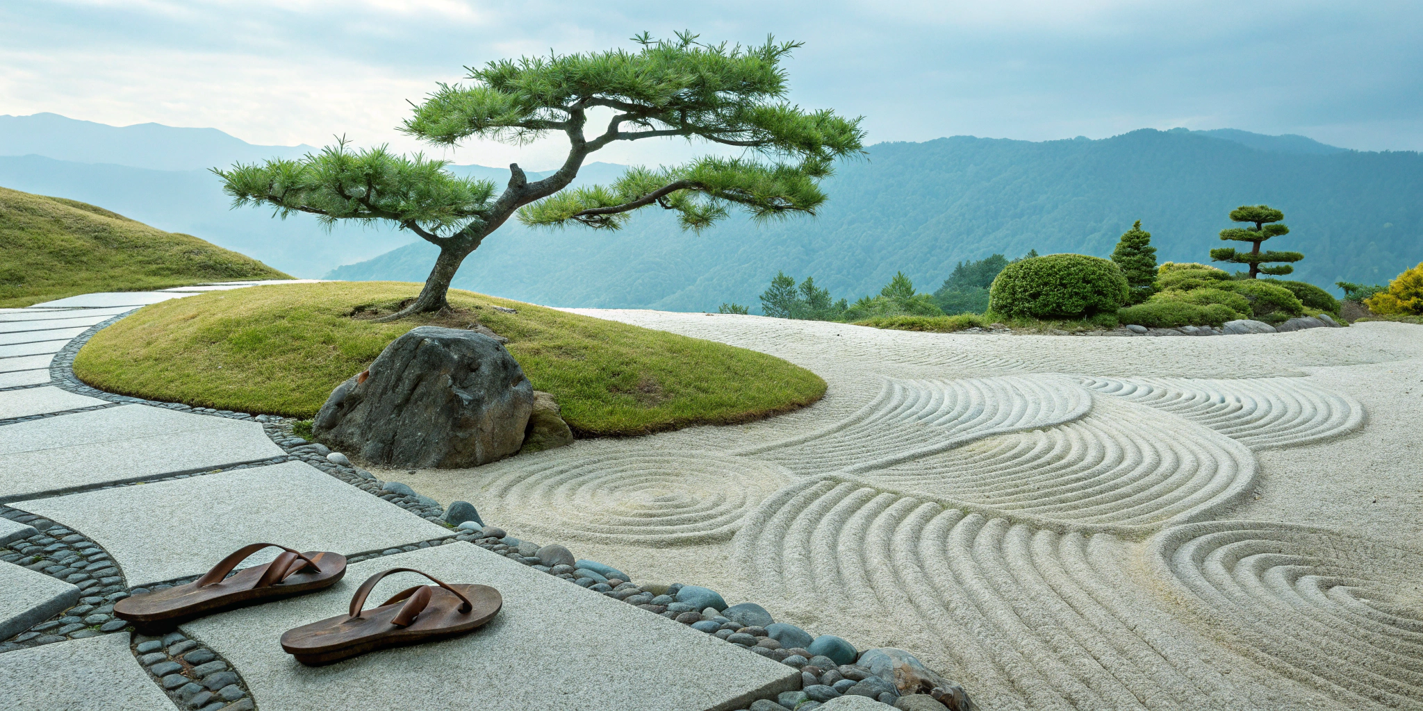 Sandals on a cool stone path providing relief for a burning feet sensation.