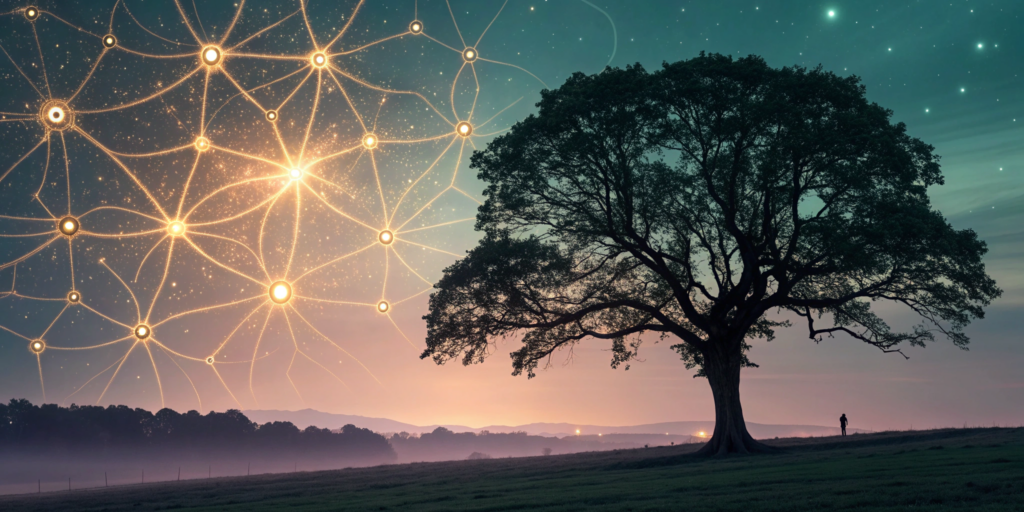 A tree with a glowing neural network in the sky to encourage nerve regeneration.