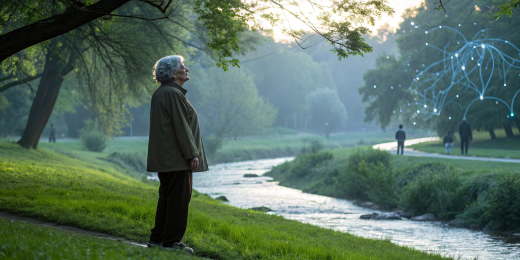 Palmitoylethanolamide uses for nerve pain relief shown by an older adult with calm nerve pathways in a park.