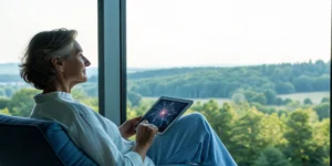 Woman on a tablet researching PEA supplement reviews for pain relief.