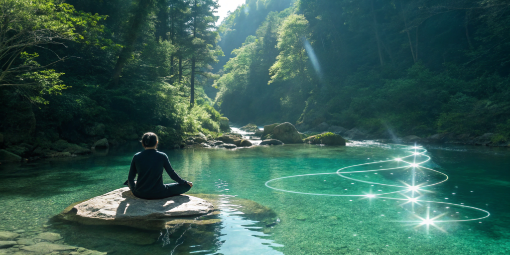 Person by a clear river enjoying healthy leg circulation from the best vitamins.