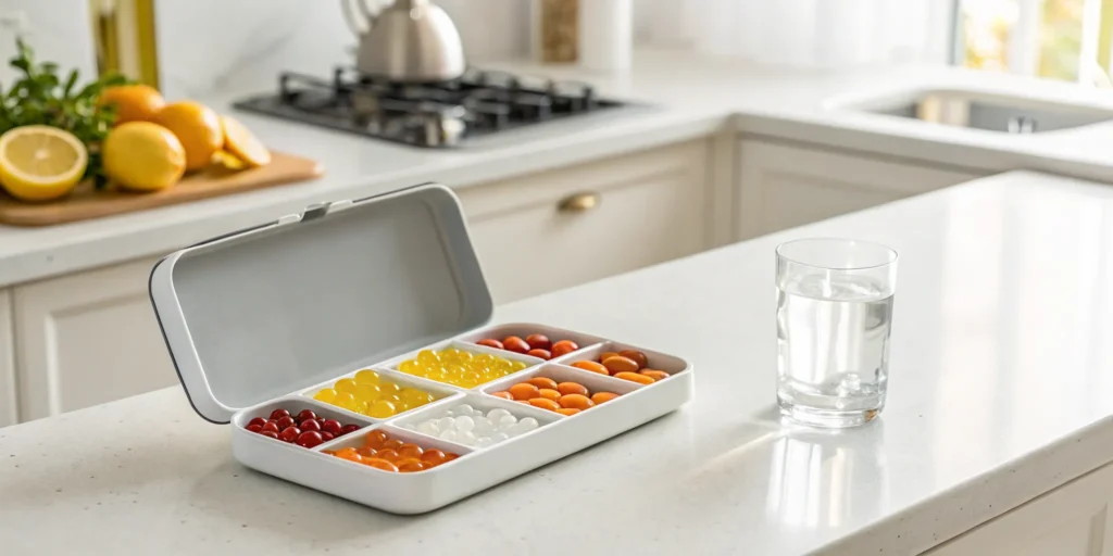 Vitamin B complex tablets in a daily pill organizer next to a glass of water.