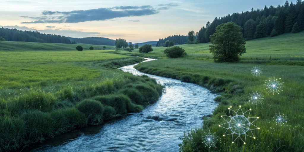 A clear, flowing stream, showing the healthy blood circulation in legs supported by the best vitamins.