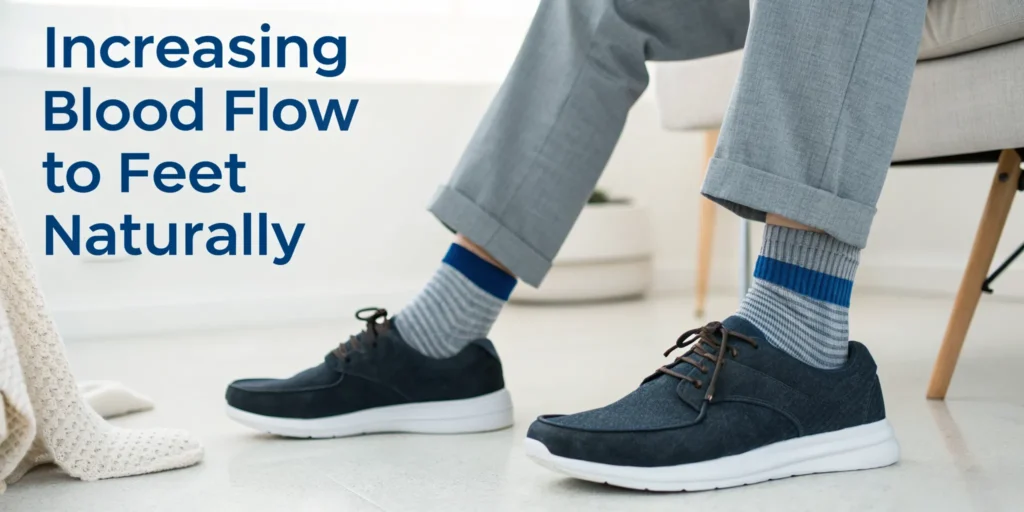 Man's feet resting on the floor, one of 7 ways to increase blood flow to feet naturally.