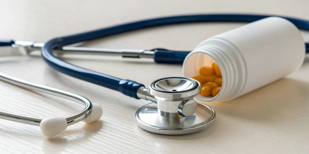 A medical stethoscope and alpha-lipoic acid capsules, concerning the supplement's side effects.