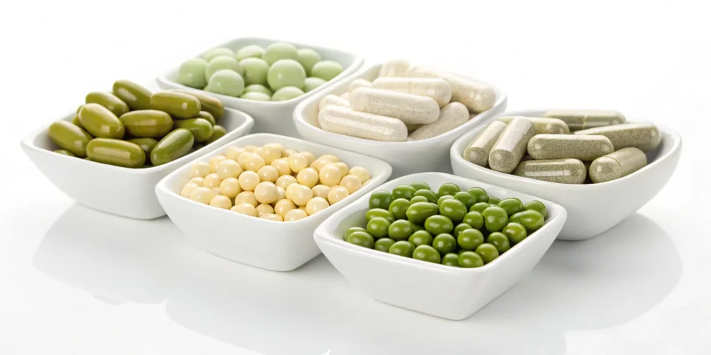 A review of PEA supplement dosage with different capsules and tablets in bowls.