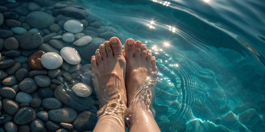 A person soaking their feet in cool water for burning feet pain relief.
